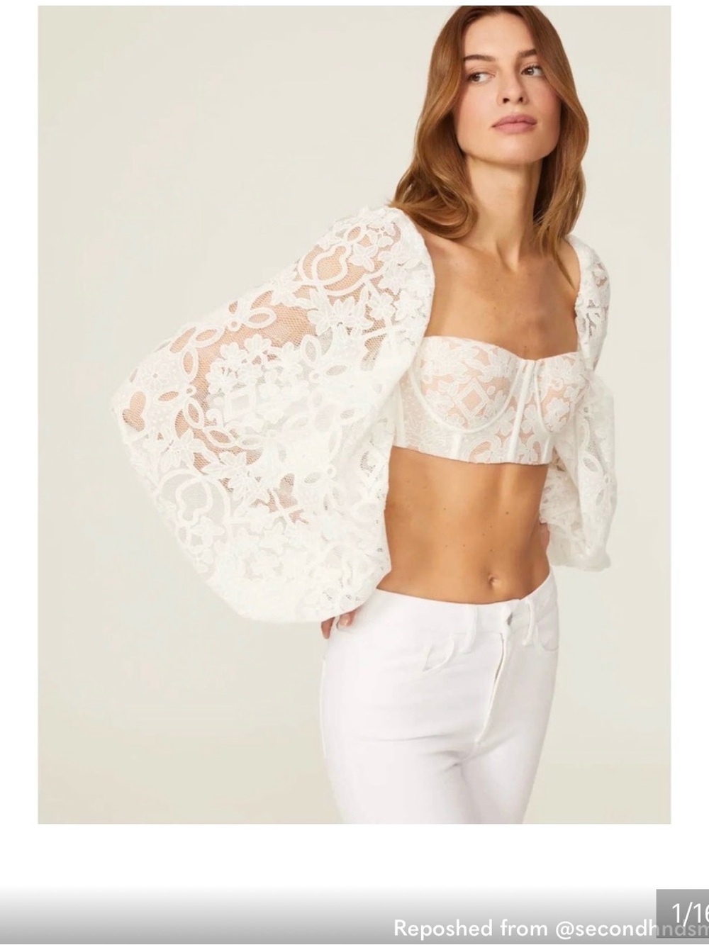 Bronx and Banco White Lace Puff-Sleeve Crop Top